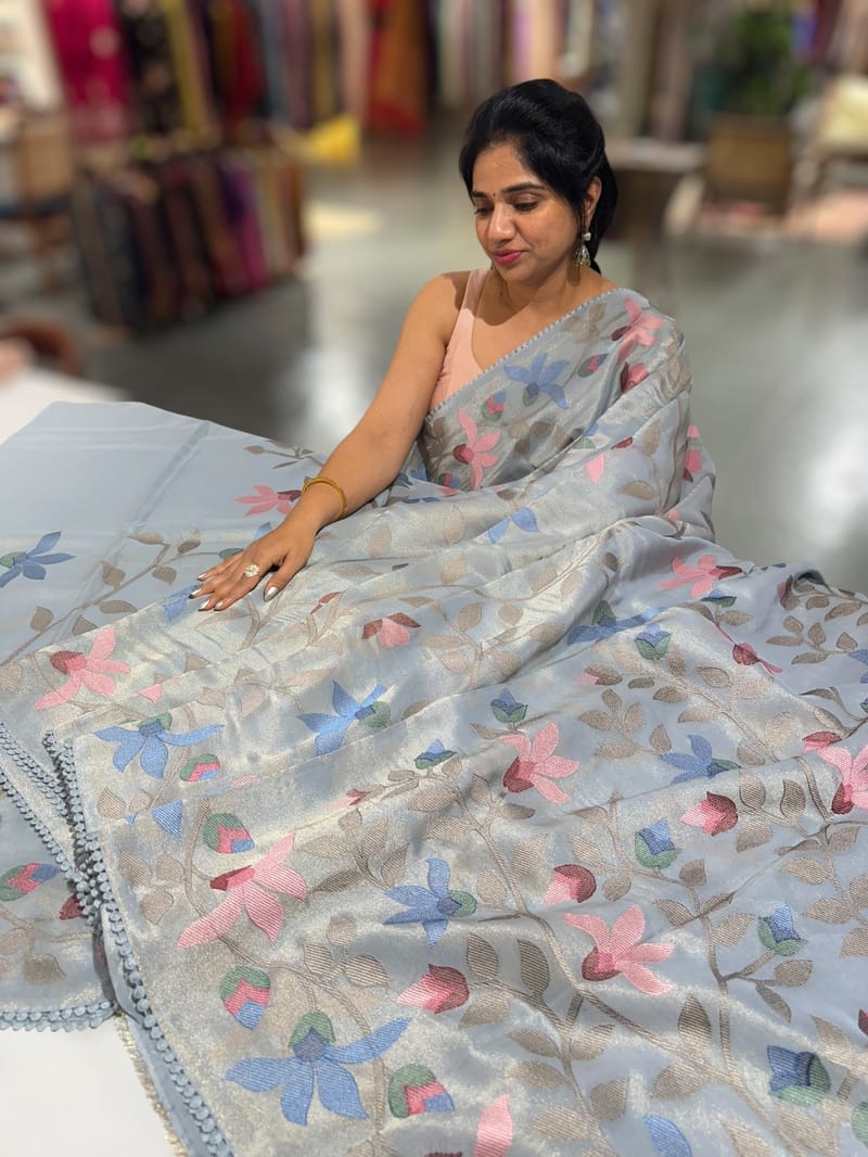 Bluish Grey Tissue georgette saree with allover jamdani inspired embroidery