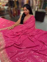Rose Pink Georgette Sequence saree with sabhyasachi borders and printed blouse SS50514