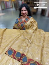 Champagne Gold Silk kota and pen kalamkari fusion saree with pita emb