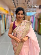 Dusty Pink Organza Banarasi Fusion Saree with Bird Appliqué