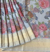 Dusty Blue Pure Handloom Chiniya Silk Saree with stunning Floral Print and zari borders SS50103