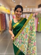 Emerald Green vintage Kanchipuram silk saree with 2inch borders paired with pen kalamkari blouse SS50178