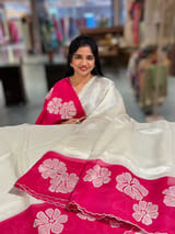 silver Banarasi Tissue saree with Pink organza applique work border SS50228