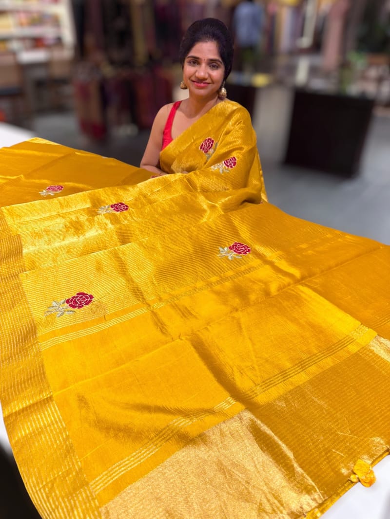 Yellow Banarasi Silk Tissue stripes Saree with embroidery SS50616