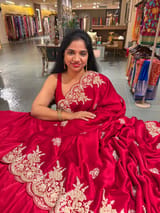 Red Pure Satin Saree with Heavy zardosi handwork