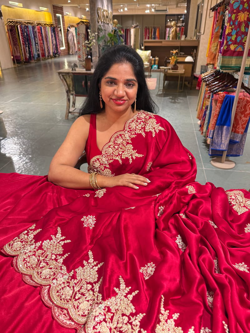 Red Pure Satin Saree with Heavy zardosi handwork