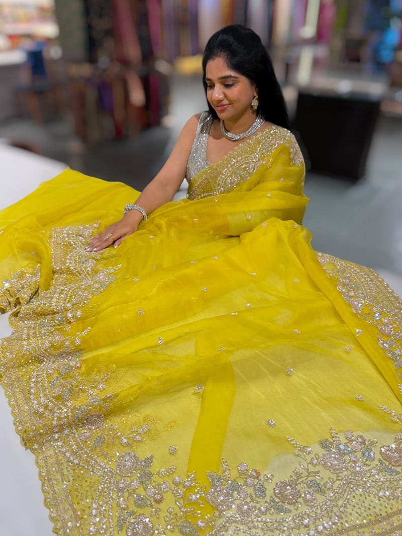 Lemon Yellow Organza Silk Saree with heavy intricate handwork SS50253