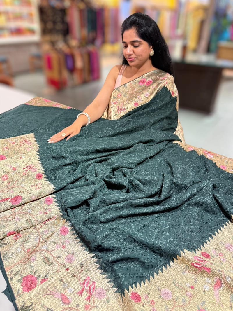 Forest Green Chikankari Georgette Saree with Tissue embroidered Border SS5052