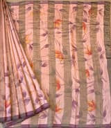 Peach pink Mul silk tissue stripes handloom saree with handpainting
