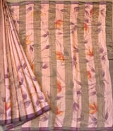Peach pink Mul silk tissue stripes handloom saree with handpainting