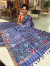 Cobalt Blue pure handloom Tussar Vintage Checks Saree with Jamdani inspired embroidered border SS50467