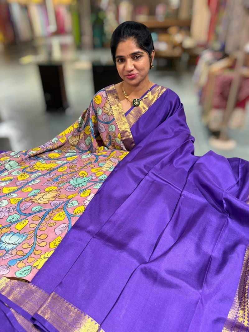 Brinjal vintage Kanchipuram silk saree with pen kalamkari blouse SS50179