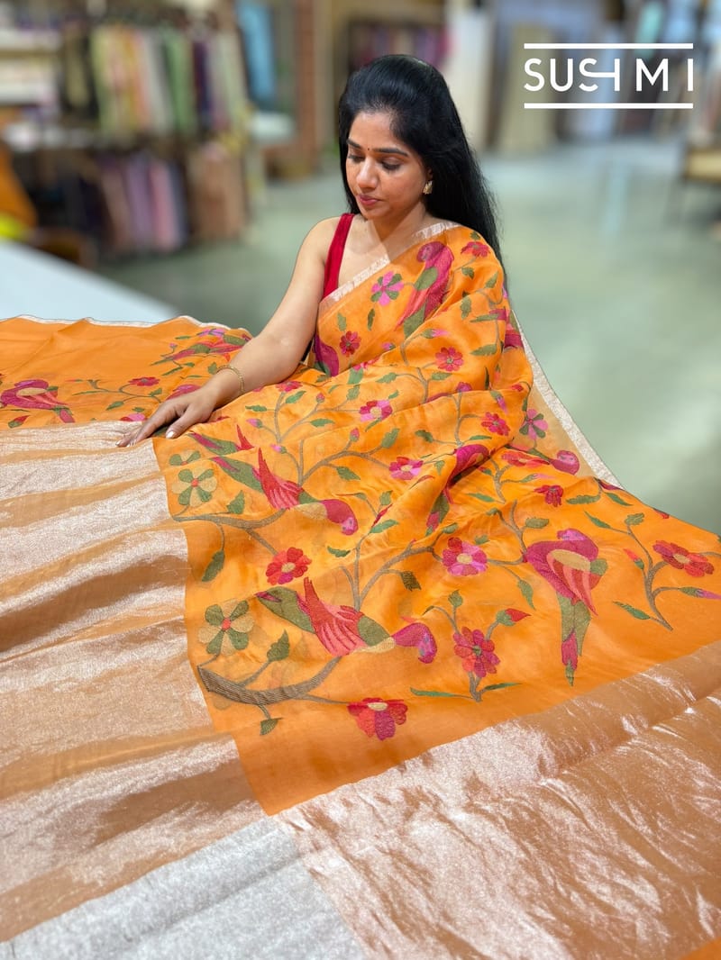 Orange  Pure Organza Saree with pythani embroidery : S62F160