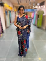 Midnight Blue muslin tissue checks saree with hibuscus emb