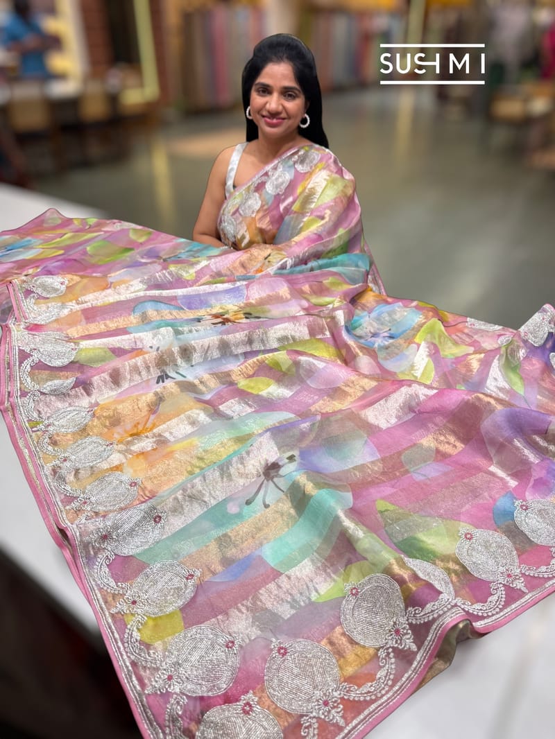 Dusty Pink Printed Organza Tissue stripes saree with embroidery