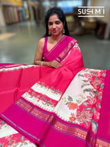 Dark Coral peach Pink designer Printed Kanjeevaram Silk Saree