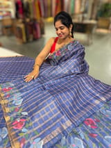 Cobalt Blue pure handloom Tussar Vintage Checks Saree with Jamdani inspired embroidered border SS50467