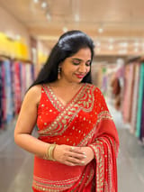 Orangish Red Kareena Inspired Gorgette Saree with allover mirrors SS5039