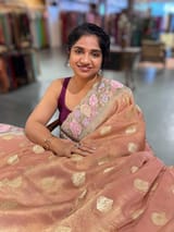 Brownish Peach Banarasi Tissue Gorgette Saree With Petite Point Embroidered Border. SS50435