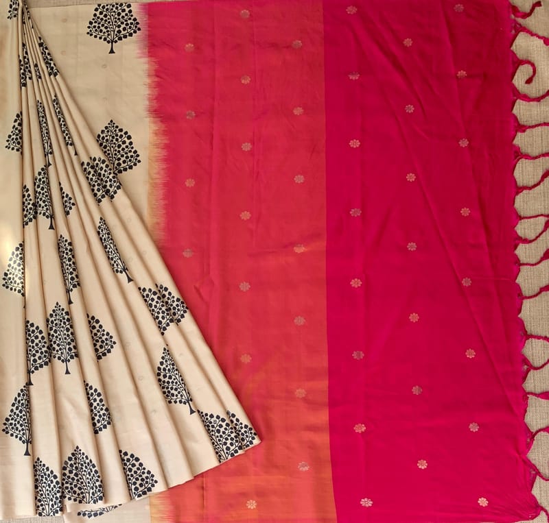 Beige Border less Designer printed kanchi silk saree with double color pallu SS50369
