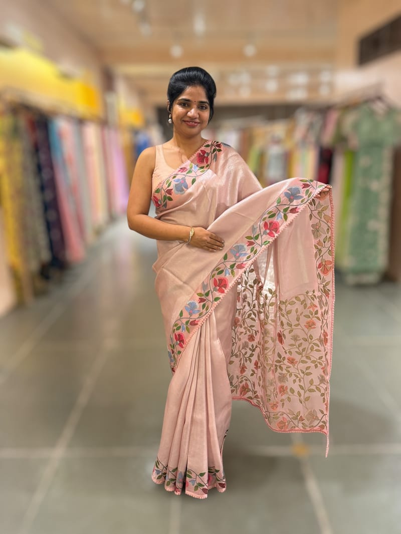 Pastel Pink kora tissue saree with pythani inspired embroidery