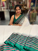 Half white Ponduru Khadi Saree in 80’s Count with Kanchi Style Emerald Green borders