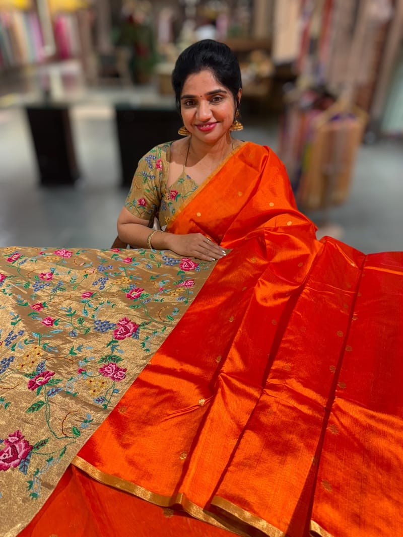 Orange Chanderi Pattu Silk Saree with Tissue allover petite point embroidered blouse SS50601
