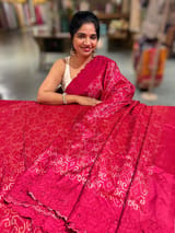Reddish Pink Cambodian–inspired Ikkat Silk Saree with cutwork Rose Border