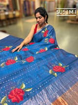 Light Indigo Blue muslin tissue stripes saree with hibuscus emb