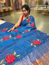Light Indigo Blue muslin tissue stripes saree with hibuscus emb
