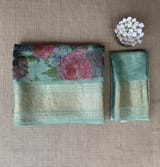 Mint Pure Handloom Chiniya Silk Saree with stunning Floral Print and zari borders SS50102