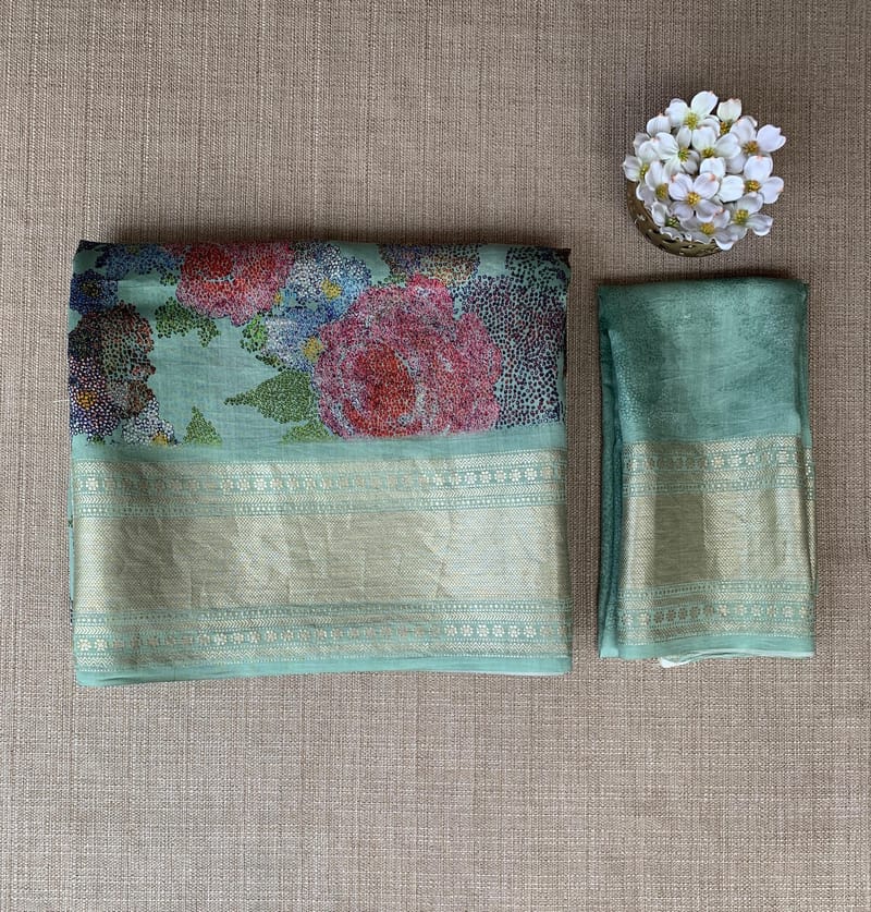 Mint Pure Handloom Chiniya Silk Saree with stunning Floral Print and zari borders SS50102