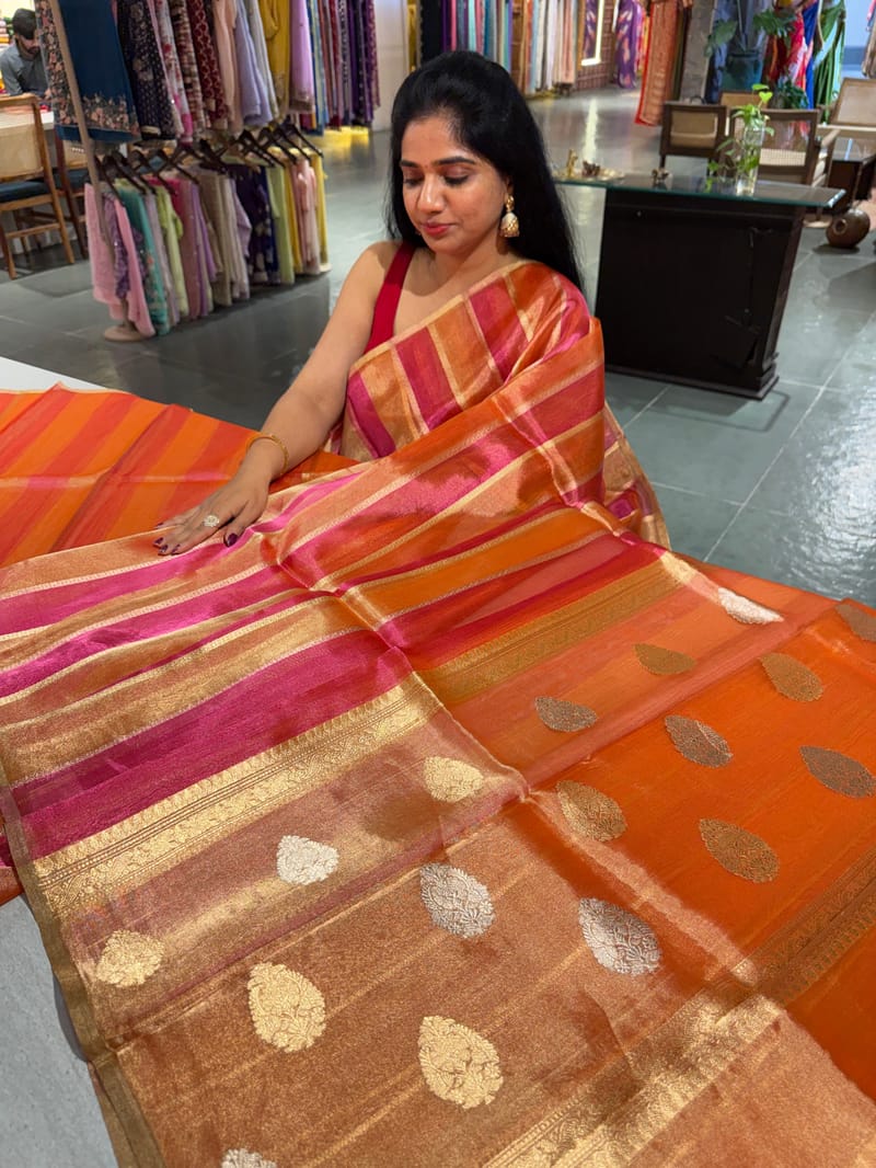 Orange and Pink Rangkaat  Banarasi handloom tissue stripe saree