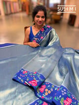 Royal Blue Banarasi Tissue with petite point embroidery: S62F189