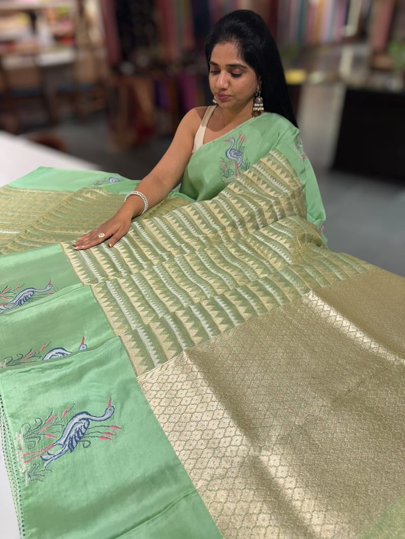 Sea Green Banarasi Tissue saree with swan embroidery SS50404