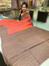Brown Printed Tussar Tissue Saree