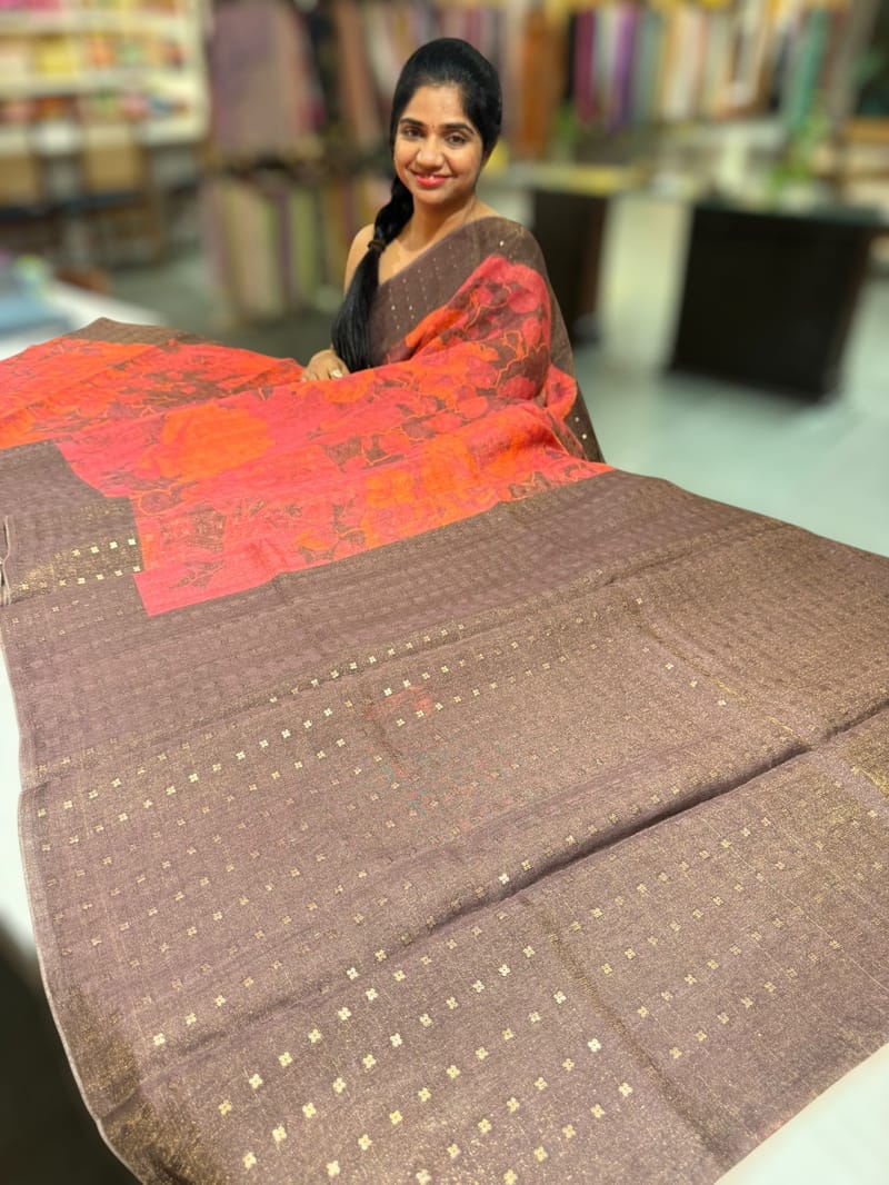 Brown Printed Tussar Tissue Saree