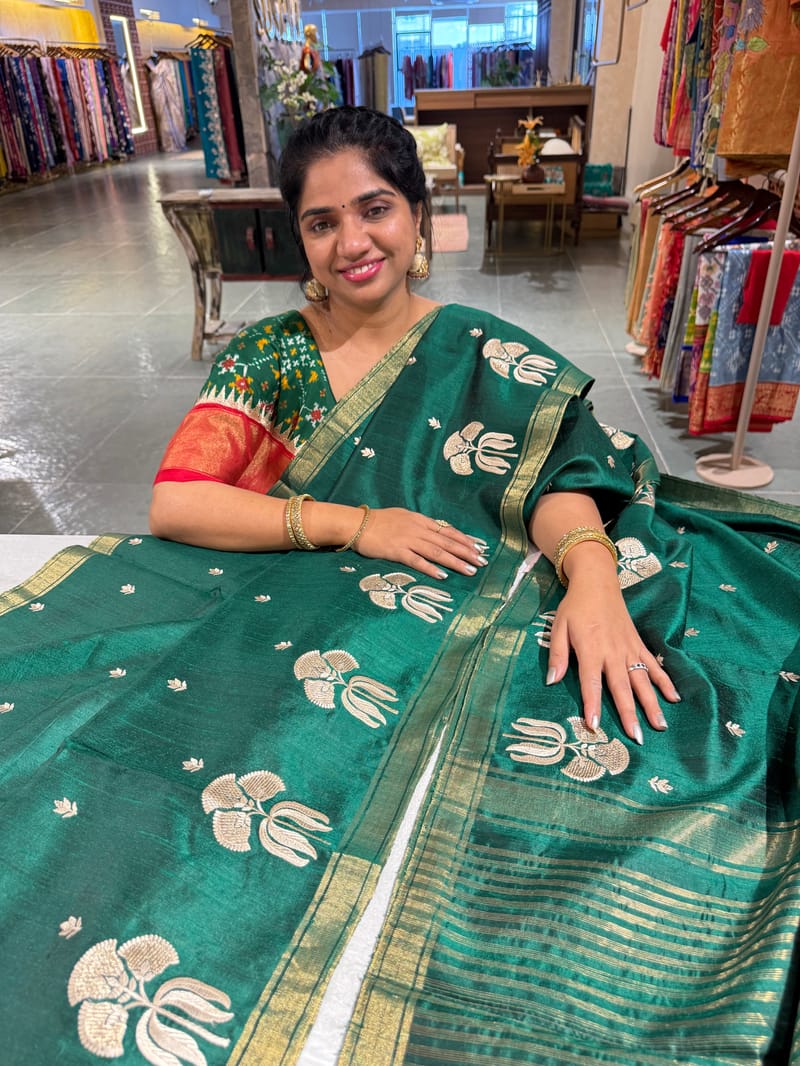 Bottle Green Handloom Raw Silk Saree SS50493