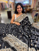 Black Pure Mashru Satin Saree with embroidery SS5016