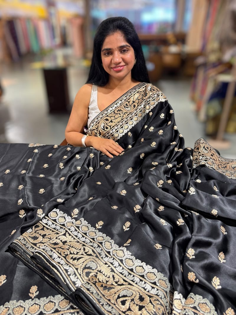 Black Pure Mashru Satin Saree with embroidery SS5016