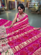Fuschia Pink bandhej saree with embroidery : S62F205