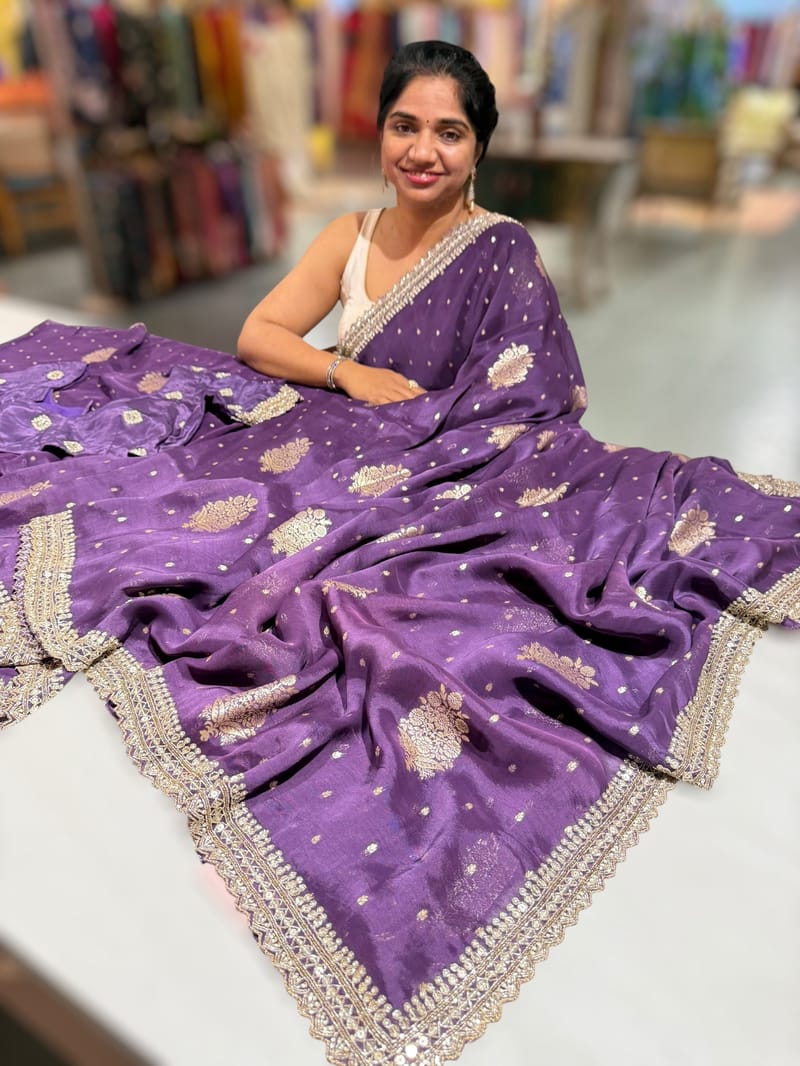 Violet Tissue Georgette Saree heavy handwork border paired with ready to wear blouse SS50426