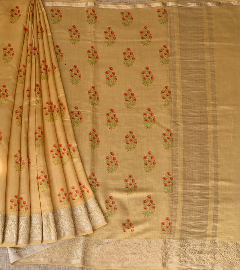 Besan Yellow Printed Chanderi Silk Saree with zari border SS50366