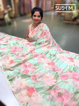 Seagreen printed georgette saree with handwork : S62F201