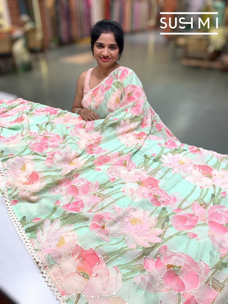 Seagreen printed georgette saree with handwork : S62F201