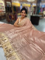 Nude/ Dusty Pink Mul Tissue Stripes Saree With Tissue Cutwork  Border & Blouse