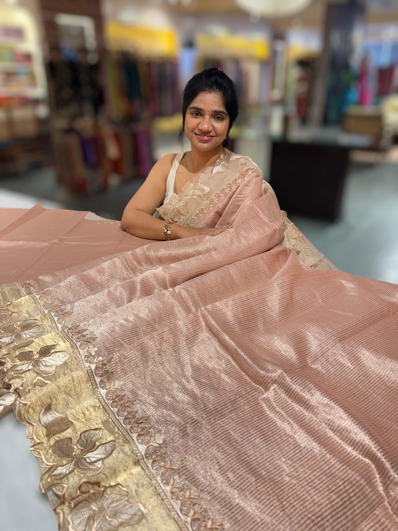 Nude/ Dusty Pink Mul Tissue Stripes Saree With Tissue Cutwork  Border & Blouse