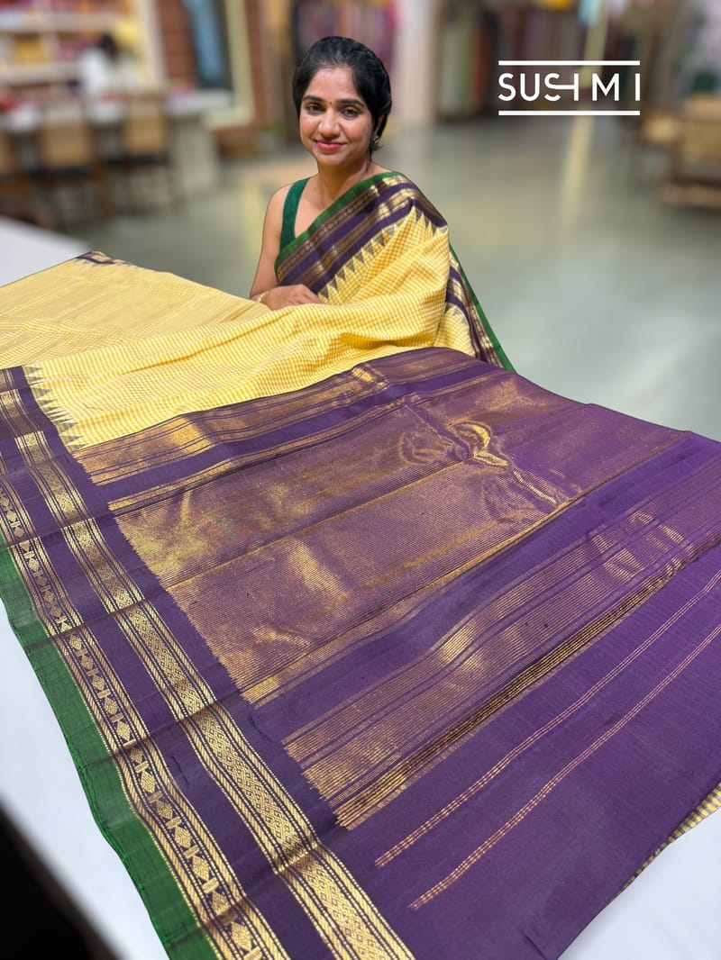 Ivory & lemon yellow vintage checks jute Gadwal Silk Saree : S62F217