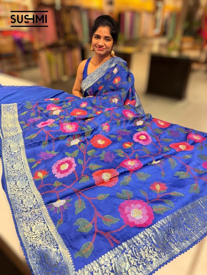 Electric Blue Banaras Mashru Silk with embroidery SS5001