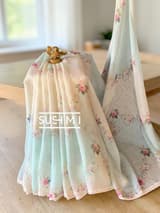 Ombre Dyed Floral Printed Pure Linen Saree